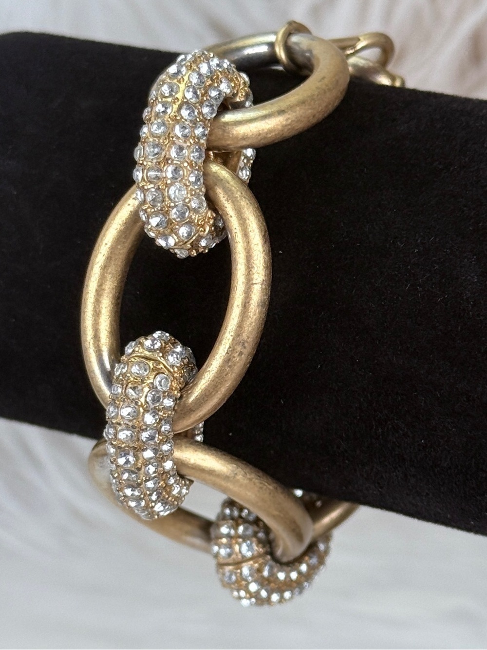 Vintage aged light goldtone weighted, large link, bling toggle bracelet